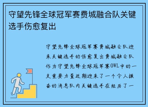 守望先锋全球冠军赛费城融合队关键选手伤愈复出